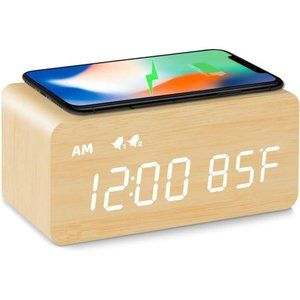 Digital Wooden Alarm Clock w/ Wireless Charging 0-100% Dimmer Dual Alarm Snooze